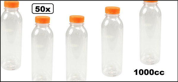 50x Flesje PET helder 1000cc met oranje dop - drink fles