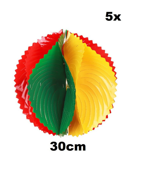 5x PVC decoratie bal rood/geel/groen 30 cm. BRANDVEILIG