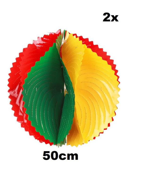 2x PVC decoratie bal rood/geel/groen 50 cm. BRANDVEILIG