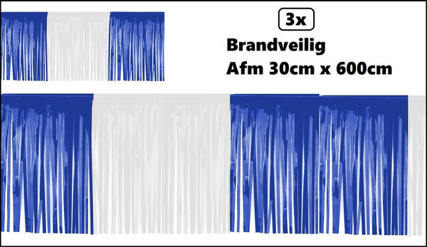 3x Guirlande folie slierten blauw/wit pvc 30cm x 600cm - BRANDVEILIG