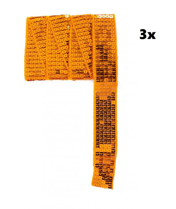 3x Pailletten band recht oranje 25mm x 3 meter