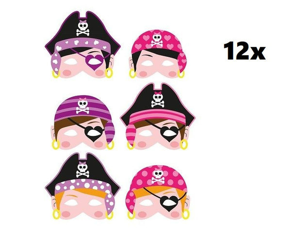 12x Kids piraten meisjes maskers foam assortie