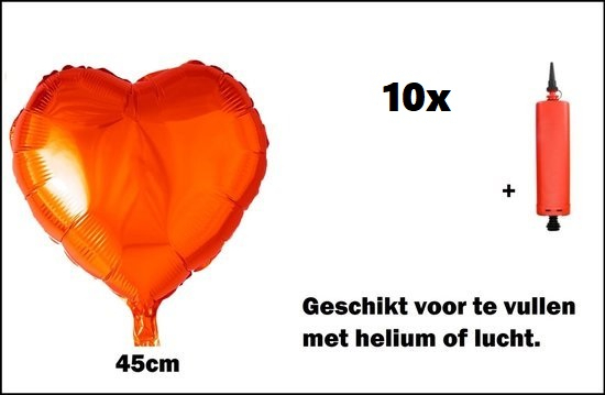 10x Folieballon Hart oranje (45 cm) incl. ballonpomp