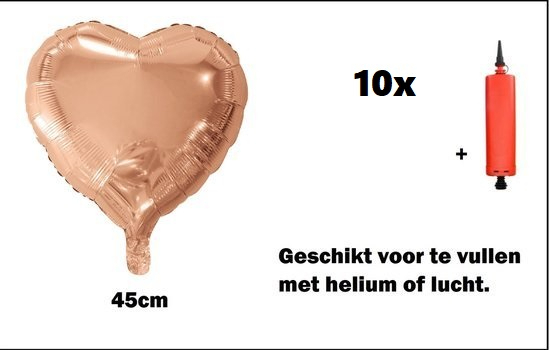10x Folieballon Hart rosegoud (45 cm) incl. ballonpomp