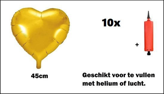 10x Folieballon Hart goud (45 cm) incl. ballonpomp