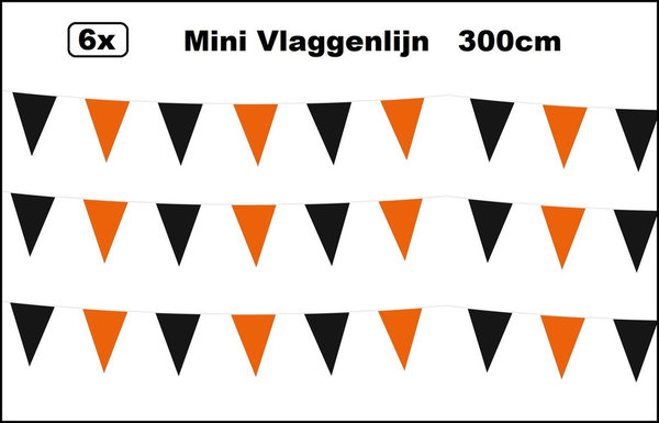 6x Mini vlaggenlijn zwart/oranje 3 meter - Festival thema feest party gele vlag lijn